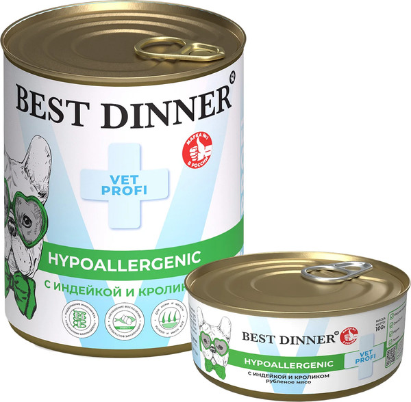 Изображение товара Влажный ветеринарный корм для собак Best Dinner Vet Profi Hypoallergenic С индейкой и кроликом (340г)