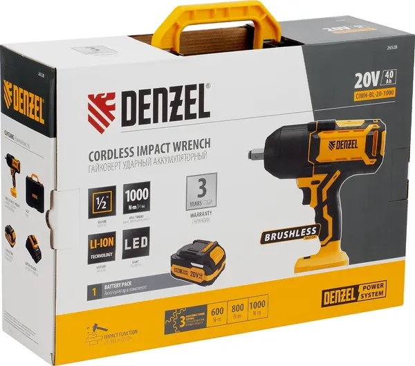 Изображение товара Аккумуляторный гайковерт Denzel CIWH-BL-20-1000 / 26528