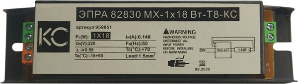 Изображение товара Дроссель для ламп (ЭПРА) КС 82830 MX-1x18 Вт-Т8-КС / 959851