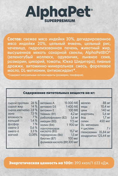 Изображение товара Сухой корм для собак AlphaPet Monoprotein для мелких пород с индейкой / 121346 (0.5кг)