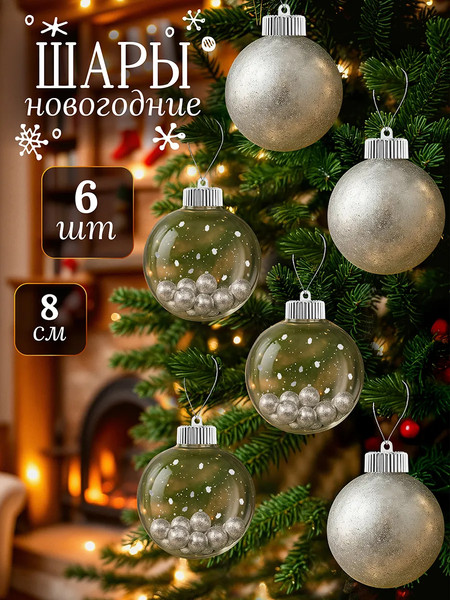 Изображение товара Набор шаров новогодних Elan Gallery Серебро прозрачные с наполнением / 970165 (6шт)