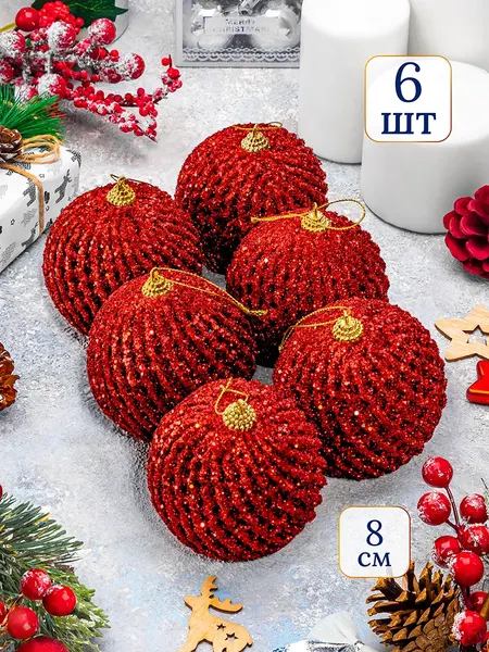 Изображение товара Набор шаров новогодних Elan Gallery Красный с блестками / 970153 (6шт)