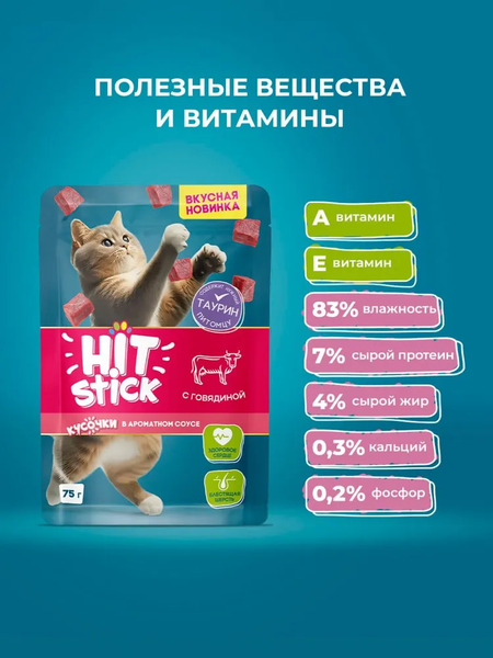 Изображение товара Влажный корм для кошек Hitstick Для кошек с Говядиной в соусе (28x75г)
