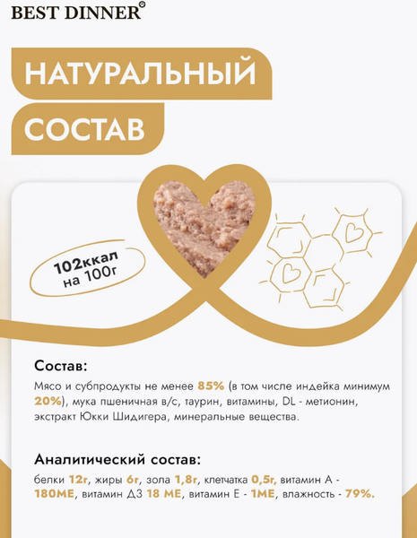 Изображение товара Влажный корм для кошек Best Dinner Для взрослых и стерилизованных кошек Паштет с индейкой (100г)