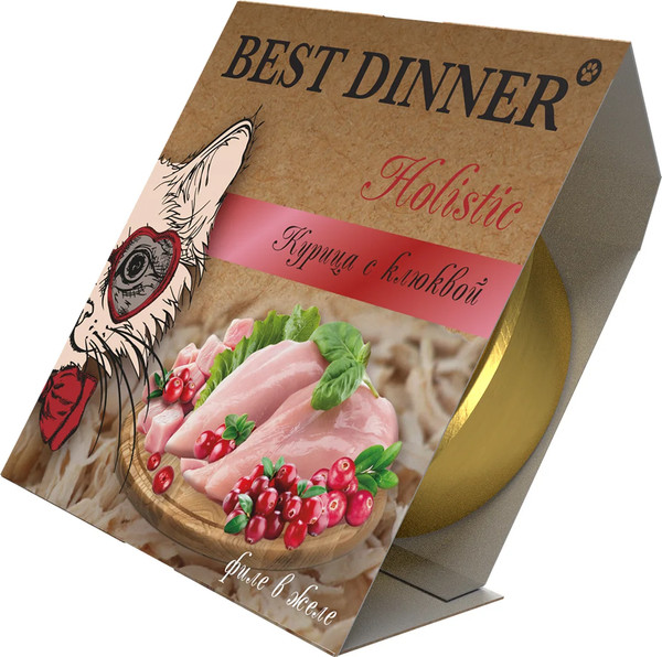 Изображение товара Влажный корм для кошек Best Dinner Holistic Мясные волокна в желе Курица с клюквой (75г)