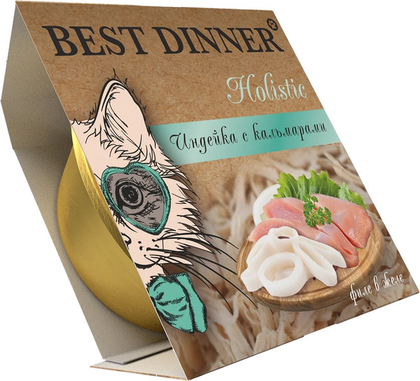 Изображение товара Влажный корм для кошек Best Dinner Holistic Мясные волокна в желе Индейка с кальмарами (75г)