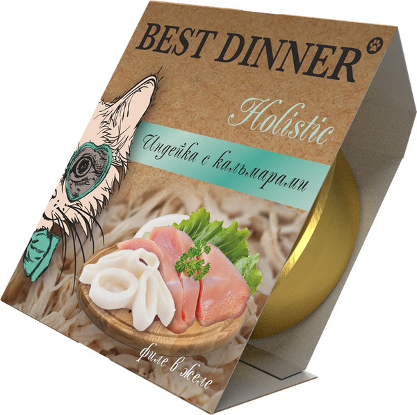 Изображение товара Влажный корм для кошек Best Dinner Holistic Мясные волокна в желе Индейка с кальмарами (75г)