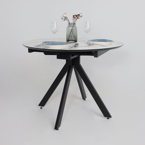 Изображение товара Обеденный стол LEPREMO AV 1107 HPL+МДФ раздвижной D1000-1350x750 (белый мрамор/черный)