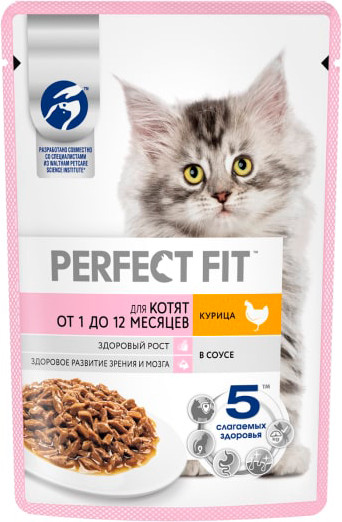 Изображение товара Влажный корм для кошек Perfect Fit Для котят от 1 до 12 месяцев. Курица в соусе (75г)