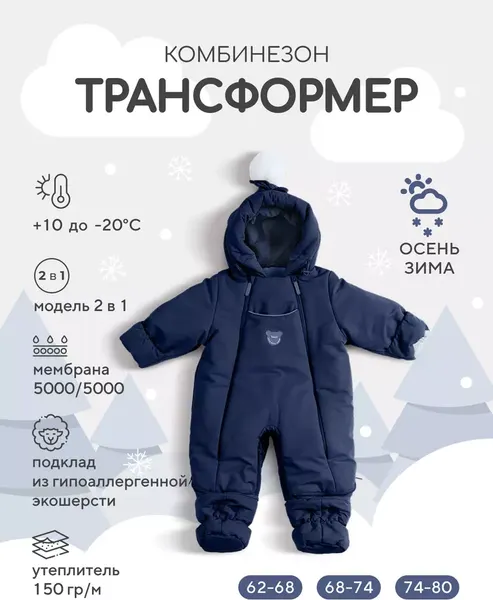 Изображение товара Комбинезон-трансформер детский Rant Yukon / 159/5 (Dark Blue, р.62-68)