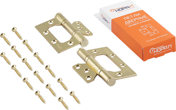 Изображение товара Комплект петель дверных Нора-М 800-3 FHP SB 75x63x2.5 накладная универсальная (матовое латунное покрытие, без колп.)