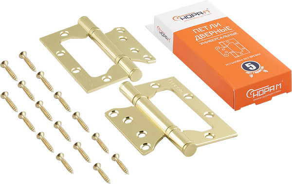 Изображение товара Комплект петель дверных Нора-М 800-4 FHP PB 100x75x2.5 накладная универсальная (золотистый, без колп.)