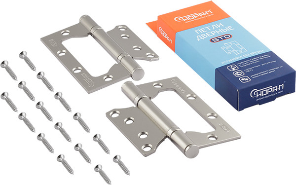 Изображение товара Комплект петель дверных Нора-М 800-4 FHP-STD 100x75x2.5 накладная (матовый никель, без колп.)