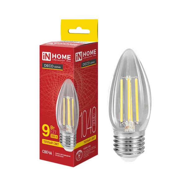 Изображение товара Лампа INhome LED-Свеча-Deco 9Вт 230В Е27 3000К 1040Лм / 4690612063249