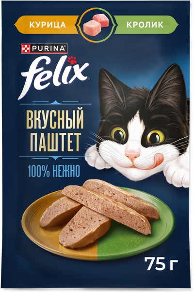Изображение товара Влажный корм для кошек Felix Вкусный паштет Курица и кролик (75г)