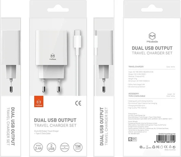 Изображение товара Зарядное устройство сетевое McDodo CH-6721 2 USB-A Charger(EU) + Type-C Cable (1м, белый)