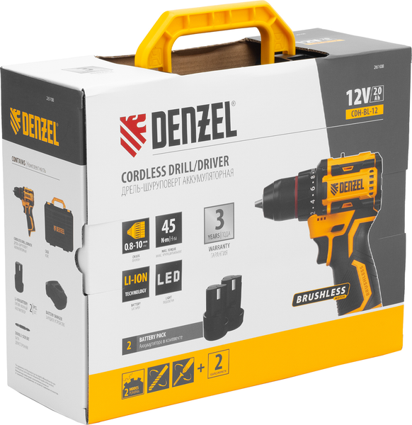 Изображение товара Аккумуляторная дрель-шуруповерт Denzel CDH-BL-12 / 26108