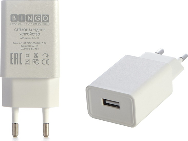 Изображение товара Адаптер питания сетевой Bingo B1-U1, 1А (белый)