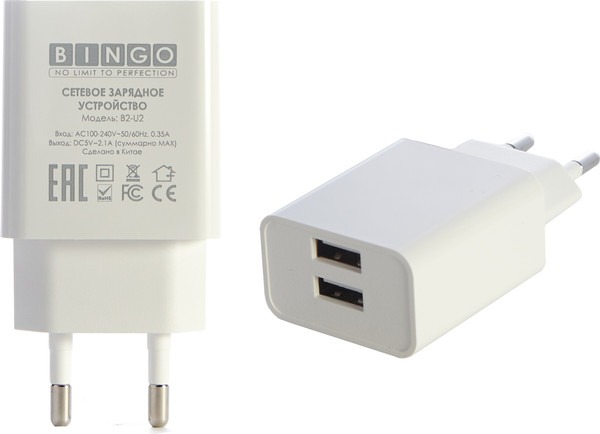 Изображение товара Адаптер питания сетевой Bingo B2-U2, 2.1A (белый)