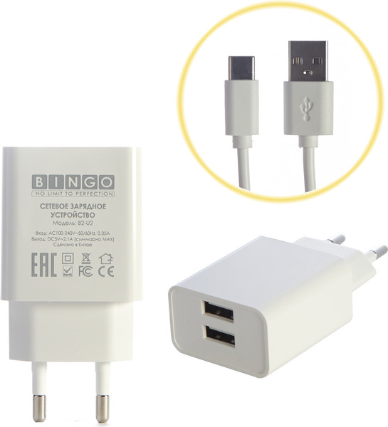 Изображение товара Зарядное устройство сетевое Bingo B2-U2, 2.1A с кабелем Type-C (белый)