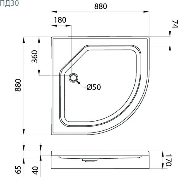 Изображение товара Душевой поддон Triton ПД30 ДК 1/4 круга 88х88 (с бортом)