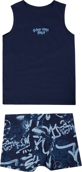 Изображение товара Комплект бельевой детский Mark Formelle 443002 (р.98-52-48, темно-синий/граффити на темно-синем)