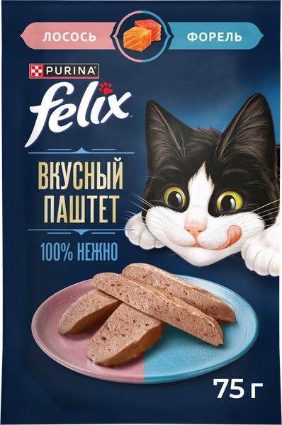 Изображение товара Влажный корм для кошек Felix Вкусный паштет Лосось и форель (75г)