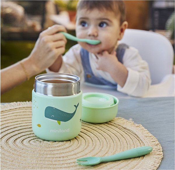 Изображение товара Термос для еды Miniland Thermy Ocean Mini Whaley / 89617 (280мл, бирюзовый/киты)