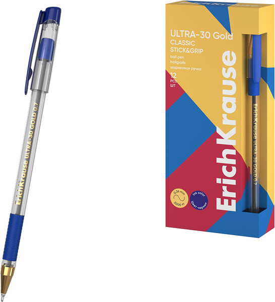 Изображение товара Ручка шариковая Erich Krause Ultra-30 Gold Stick&Grip Classic Super Glide Technology / 61109 (синий)
