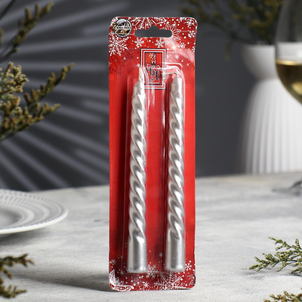 Изображение товара Набор свечей Дарим Красиво Витых / 3609889 (2шт, серебряный металлик)