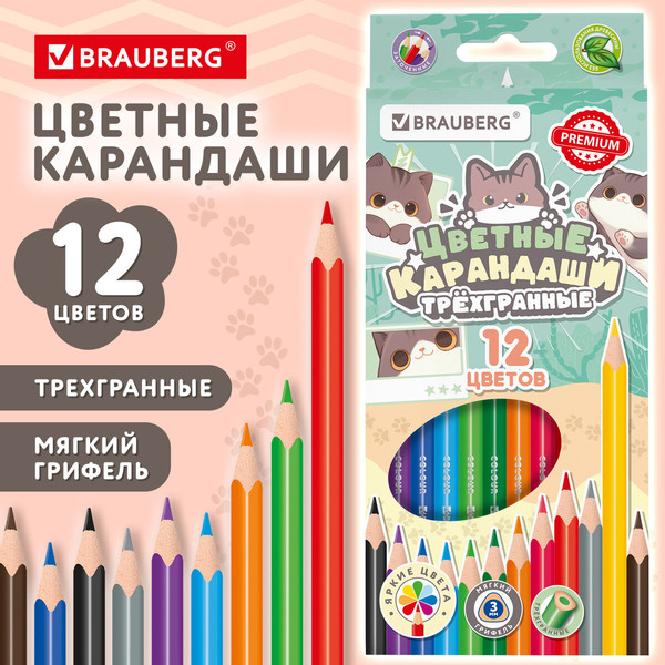 Изображение товара Набор цветных карандашей Brauberg Милые коты / 182109 (12цв)