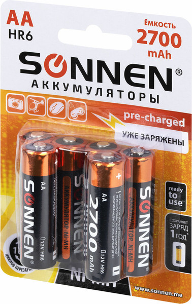 Изображение товара Комплект аккумуляторов Sonnen АА HR6 2700mAh / 455608 (6шт)