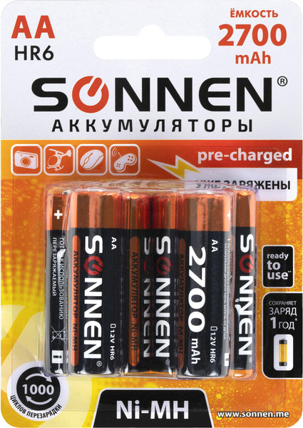 Изображение товара Комплект аккумуляторов Sonnen АА HR6 2700mAh / 455608 (6шт)