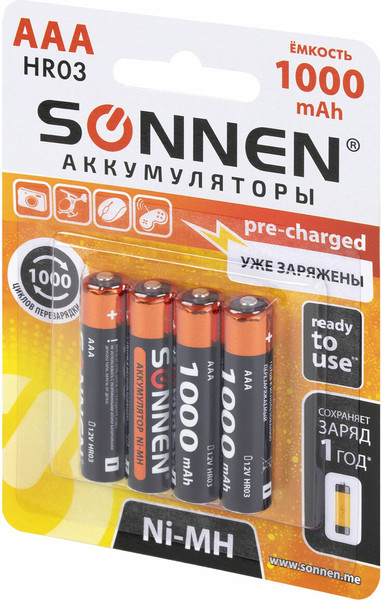 Изображение товара Комплект аккумуляторов Sonnen ААA HR03 1000mAh / 455610 (4шт)
