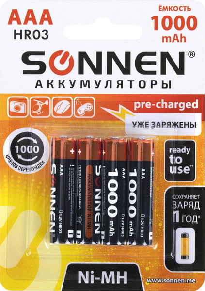 Изображение товара Комплект аккумуляторов Sonnen ААA HR03 1000mAh / 455610 (4шт)