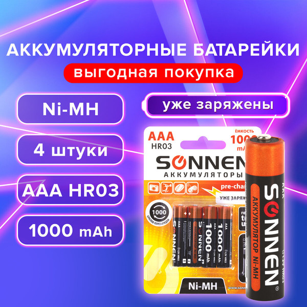 Изображение товара Комплект аккумуляторов Sonnen ААA HR03 1000mAh / 455610 (4шт)
