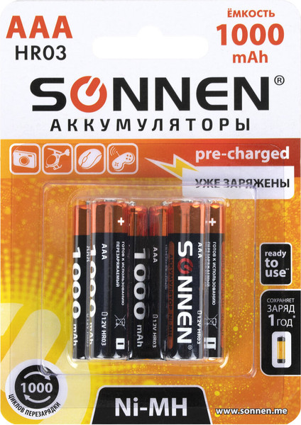 Изображение товара Комплект аккумуляторов Sonnen ААA HR03 1000mAh / 455611 (6шт)