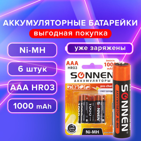 Изображение товара Комплект аккумуляторов Sonnen ААA HR03 1000mAh / 455611 (6шт)