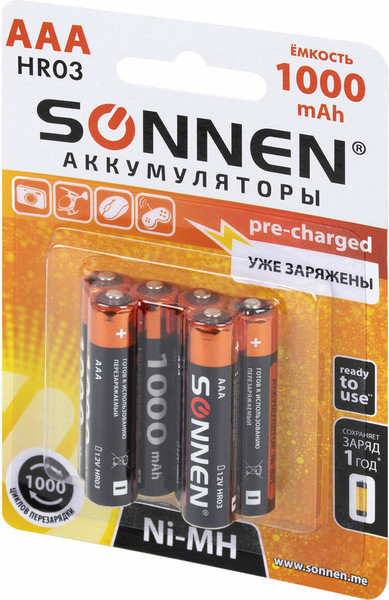 Изображение товара Комплект аккумуляторов Sonnen ААA HR03 1000mAh / 455611 (6шт)