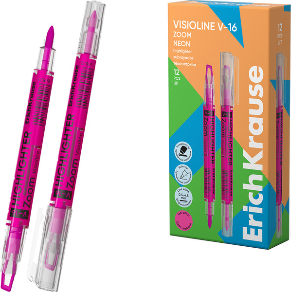 Изображение товара Текстовыделитель Erich Krause Двухсторонний Visioline V-16 Zoom Neon / 60822 (розовый)