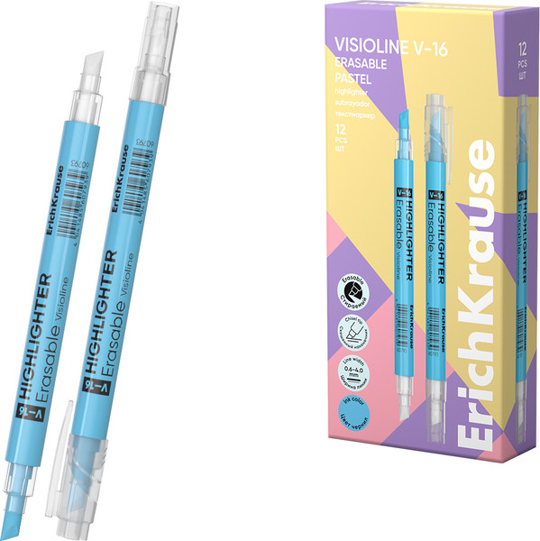 Изображение товара Текстовыделитель Erich Krause Двухсторонний стираемый Visioline V-16 Erasable Pastel / 60793 (голубой)