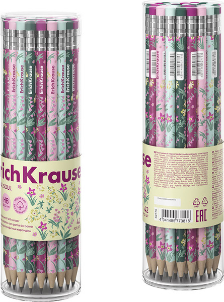Изображение товара Простой карандаш Erich Krause Floral Soul НВ / 62775 (с ластиком)
