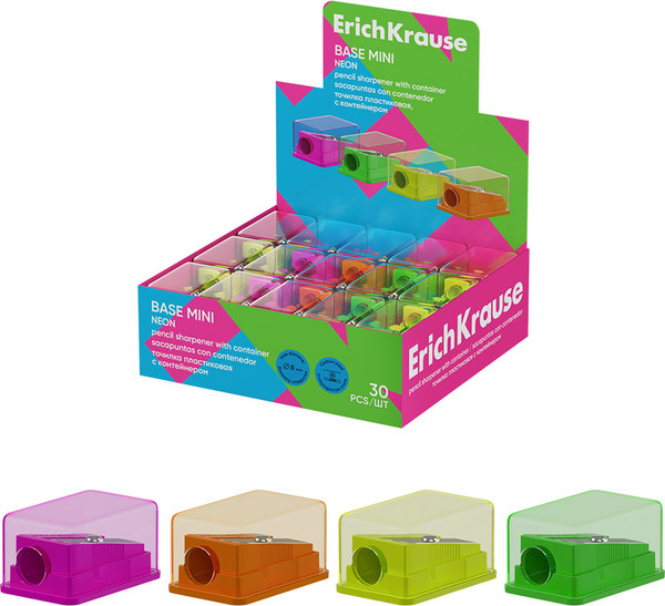 Изображение товара Точилка Erich Krause Base Mini Neon с контейнером / 60077 (в ассортименте)