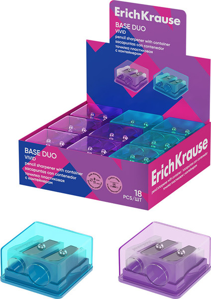 Изображение товара Точилка Erich Krause Base Duo Vivid с контейнером / 60081 (в ассортименте)