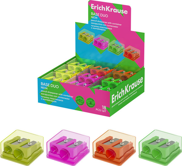 Изображение товара Точилка Erich Krause Base Duo Neon с контейнером / 60080 (в ассортименте)
