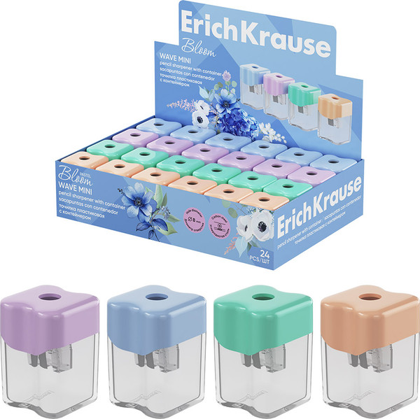 Изображение товара Точилка Erich Krause Wave Mini Pastel Bloom с контейнером / 60044 (в ассортименте)
