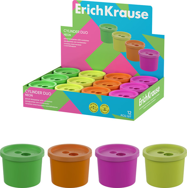 Изображение товара Точилка Erich Krause Cylinder Duo Neon с контейнером / 60059 (в ассортименте)