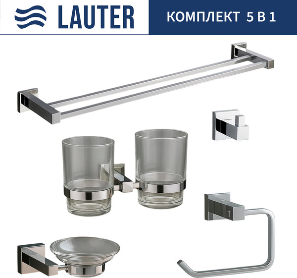 Изображение товара Набор аксессуаров для ванной и туалета Lauter 21SH6081 + 21SH6051 + 21SH6091 + 21SH6071 + 21SH6021 (Chrome, 5 предметов)