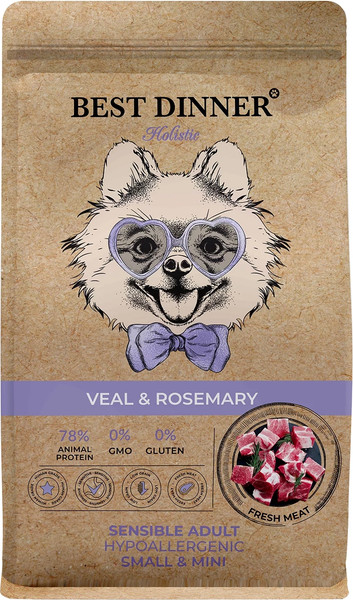 Изображение товара Сухой корм для собак Best Dinner Holistic Adult Sensible Hypoallergenic Small&Mini Veal&Rosemar (1.5кг)