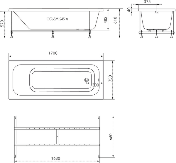 Изображение товара Ванна акриловая Triton Ника 170х75 Стандарт Flat (с гидромассажем)